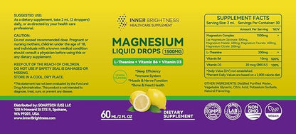 Magnesium Glycinate Liquid Drops 1500mg with Magnesium Citrate & Taurate, L-Theanine, Vitamin D3, B6 - Supports Calm, Sleep, Muscle Relaxation, Leg Cramps & Energy, Lemon Flavor, 60 mL