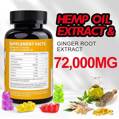 Hemp Gummies High Potency, Organic Hemp Supplement for Peaceful Bedtime, Pain, Mood - with Pure Hemp Oil Extract - Natural Edibles Hemp Gummy Bears - Vegan, Non-GMO, Sugar Free