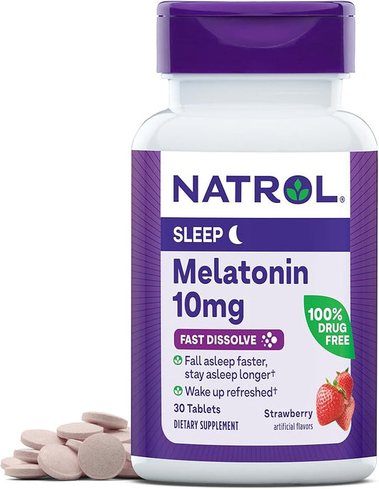 Natrol Fast Dissolve Melatonin 10 mg, Melatonin Supplements for Restful Sleep, Sleep Support for Adults, 30 Strawberry-Flavored Tablets, Up to a 30 Day Supply