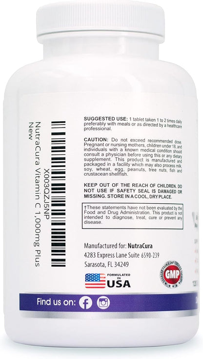 Immunity Vitamin C 1000mg with Elderberry, Quercetin, Bioflavonoids, Rose Hips, Rutin - 4 Months Supply, 120 Tablets - Immune System Support