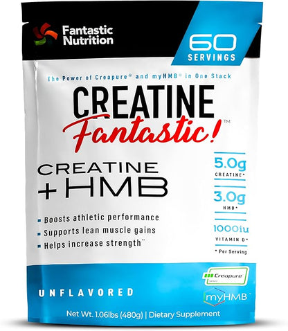 Creatine Fantastic 5g Creapure Creatine Plus 3g of myHMB for Increased Strength, Improved Muscle Growth, Enhanced Athletic Performance, and Extra Energy – 60 Servings, Unflavored