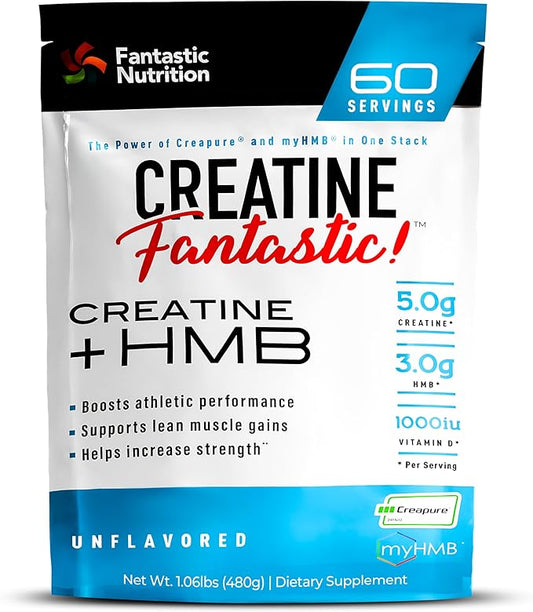 Creatine Fantastic 5g Creapure Creatine Plus 3g of myHMB for Increased Strength, Improved Muscle Growth, Enhanced Athletic Performance, and Extra Energy – 60 Servings, Unflavored