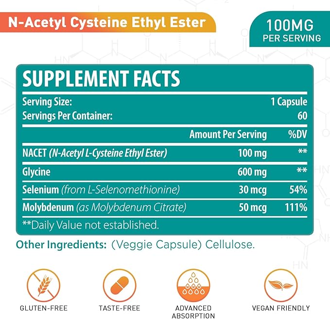 N-Acetyl Cysteine Ethyl Ester 100mg-More Absorption Than 1000mg NAC-with Glycine 600mg-Benefit Glutathione-Good for Immune System & Antioxidant for Adults,NACET(60 Capsules-2 Pack)