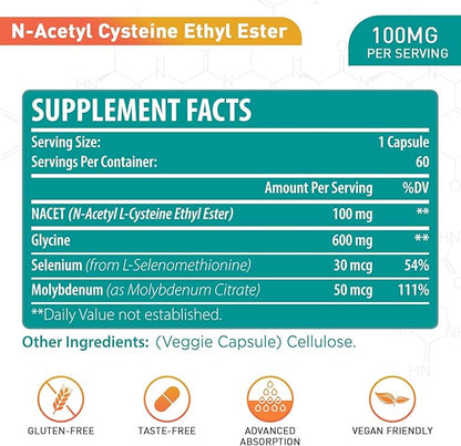 N-Acetyl Cysteine Ethyl Ester 100mg-More Absorption Than 1000mg NAC-with Glycine 600mg-Benefit Glutathione-Good for Immune System & Antioxidant for Adults,NACET(60 Capsules-2 Pack)
