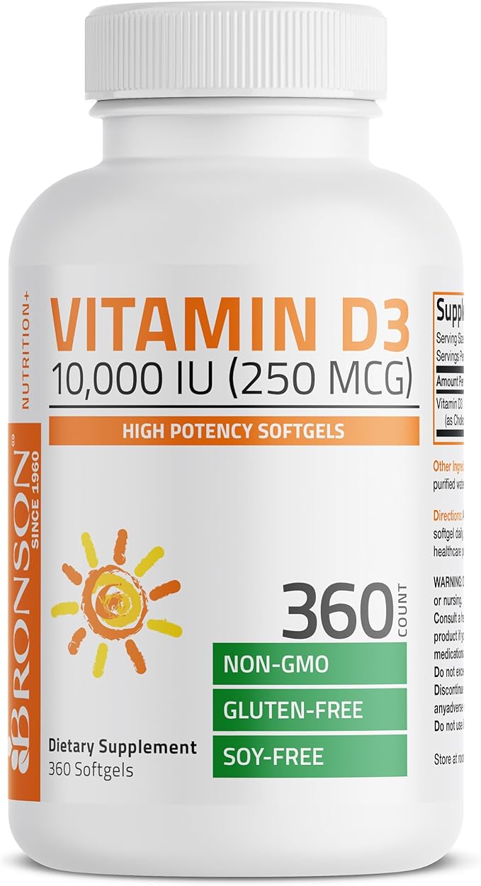 Bronson Vitamin D3 10,000 IU (250 mcg) High Potency - Supports Healthy Immune System, Strong Bones, Muscles & Teeth - Non GMO, 360 Softgels (1 Year Supply)