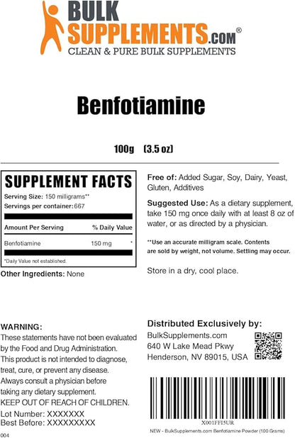 BulkSupplements.com Benfotiamine Powder - Thiamine B1 Supplement, Benfotiamine Supplement - Benfotiamine 150mg, Gluten Free - 150mg per Serving, 100g (3.5 oz) (Pack of 1)