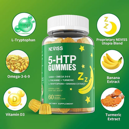 1Pack 5-HTP GABA Gummies - Melatonin Free Calm & Relaxation Gummies w/Banana Extract, L-Theanine, L-Tryptophan, Omega-3-6-9 for Health Rest Cycle & & Circadian Rhythm, Natural Zzzs, Brain Relax