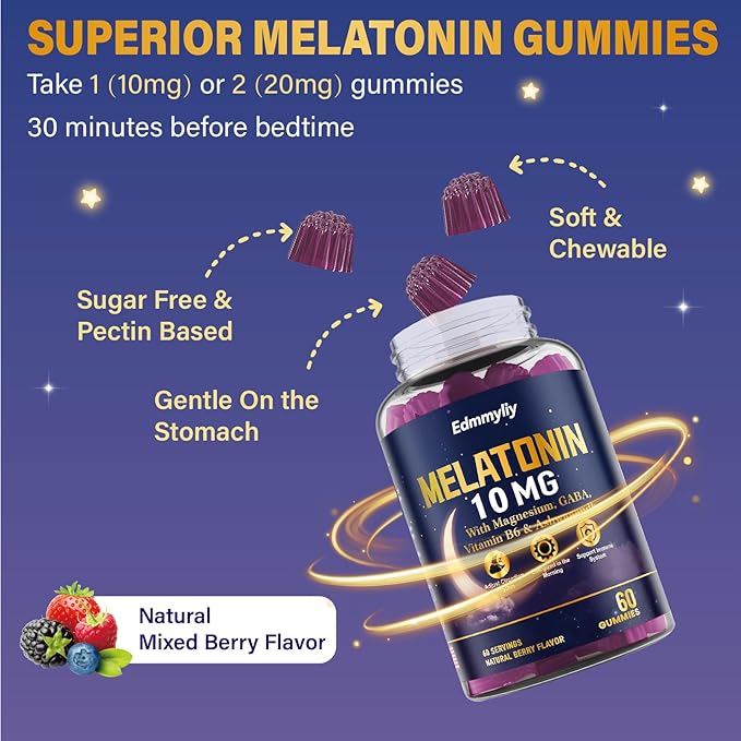 Melatonin 10mg 20mg Gummies for Adults - 10mg of Melatonin Per Gummy with Magnesium, L-Theanine, GABA, Vitamin B6 & Ashwagandha - Supports Health Circadian Rhythm, Sugar Free & Vegan