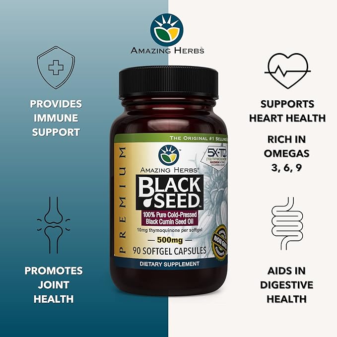 Amazing Herbs Premium Black Seed Oil Capsules - Cold Pressed Nigella Sativa Aids in Digestive Health, Immune Support, Brain Function, Gluten Free, Non GMO - 90 Count, 500mg