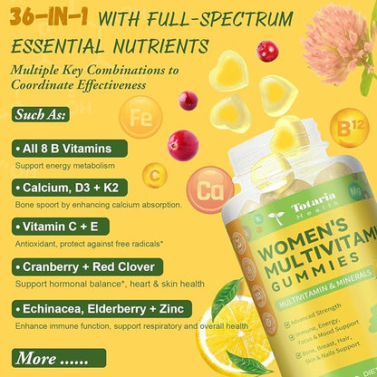 (2 Packs) Sugar Free Multivitamin Gummies for Women 14+ w/Iron, Inositol, Folate, Biotin, Womens Daily Multivitamin Gummy w/Vitamin A, D, C, B, Support Hair, Skin, Energy, Immune, Lemon Flavor