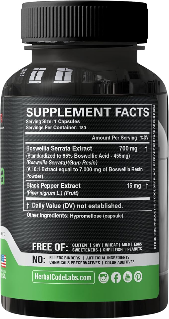 Boswellia Serrata Extract Capsules 65% Boswellic Acid 700mg Equal to 7000mg Resin Powder, Extra Strength & Superior Absorption, 6 Month Supply 180 Vegan Capsules Non-GMO