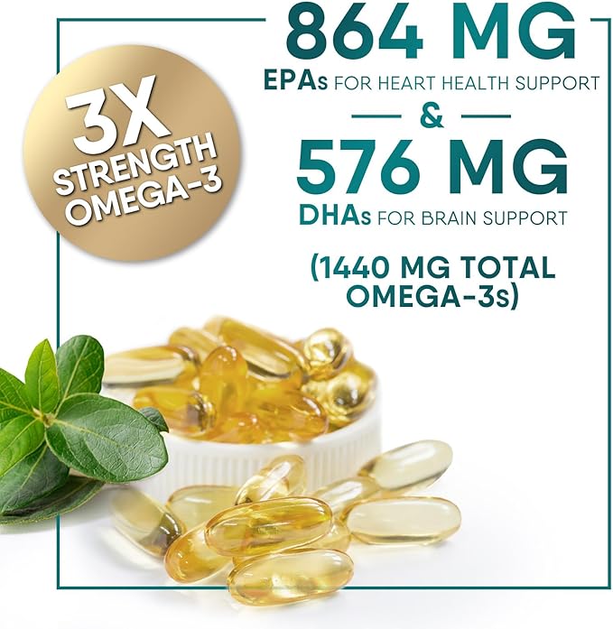 Triple Strength Omega 3 Fish Oil Supplement, EPA & DHA Fish Oil Omega 3 Essential Fatty Acids Supplement Softgels, 2400 mg Brain & Heart Health Support Supplements, Gluten Free, Non-GMO, 120 Softgels