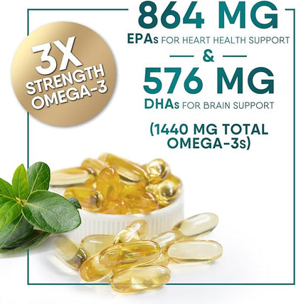Triple Strength Omega 3 Fish Oil Supplement, EPA & DHA Fish Oil Omega 3 Essential Fatty Acids Supplement Softgels, 2400 mg Brain & Heart Health Support Supplements, Gluten Free, Non-GMO, 120 Softgels