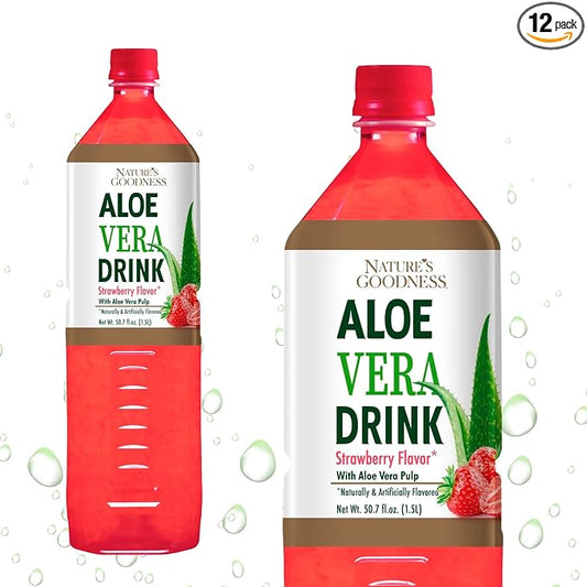 Nature's Goodness Aloe Vera Drink with Pulp Strawberry Flavor -12 Pack Case - 50.7 Fl Oz (1.5 L) Each - Total 18 Liters - Refreshing Beverage with Real Aloe Vera Juice