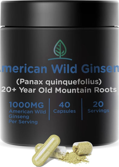 Holistic Bin Wild American Ginseng Capsules Pure Organic Ginseng Supplement Made with Wild Harvested 20+ Year Old Roots from Appalachia (Panax Quinquefolius) | No Fillers (40 Capsules)