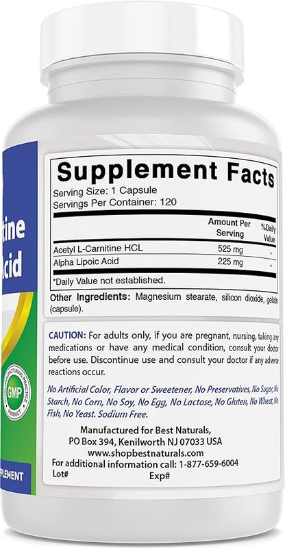 Best Naturals Acetyl L-Carnitine and Alpha Lipoic Acid 750 mg 120 Capsules (120 Count (Pack of 2))