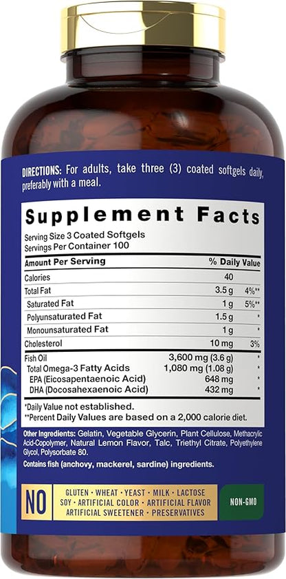 Carlyle Burpless Fish Oil 3600 mg | 300 Softgels | with Omega-3 Fatty Acids | Lemon Flavor | Non-GMO, Gluten Free Supplement | by Wild Pacific