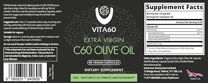 C60 Oil Capsules | Age-Defying Vitality and Antioxidant Support | 99.99% Pure Solvent Free C60 | Organic Oil | Vegan Friendly | Superior Customer Service (Olive Oil)