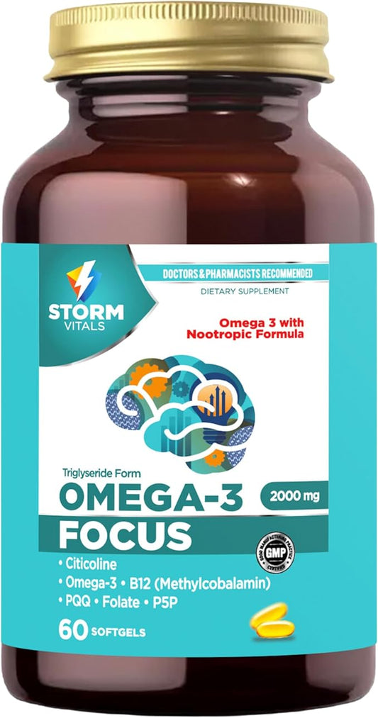 Omega-3 Focus 2000mg, Nootropic Formula with Citicoline, B12, PQQ, Folate, P5P | 60 Softgels - 30 Days Supply