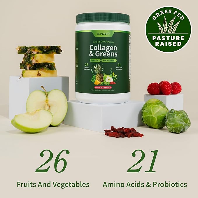 Snap Supplements Super Greens Powder with Collagen Peptides, 26 Fruits and Vegetables, Grass Fed, Non-GMO Daily Greens Superfood for Hair, Skin, Nails & Joint Support, 30 Servings