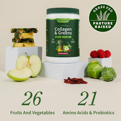 Snap Supplements Super Greens Powder with Collagen Peptides, 26 Fruits and Vegetables, Grass Fed, Non-GMO Daily Greens Superfood for Hair, Skin, Nails & Joint Support, 30 Servings