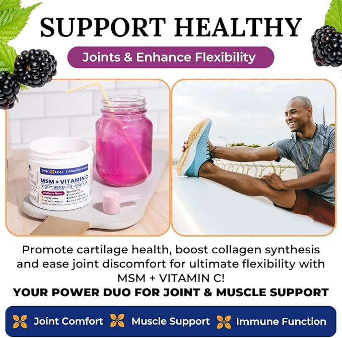 Twig & Leaf MSM + Vitamin C Powder - MSM Powder for Hair Growth & Nail Strength - MSM Supplement for Joint Flexibility - Wildberry MSM Sulfur Powder 30 Servings Non-GMO & Gluten Free - 7.9 Oz