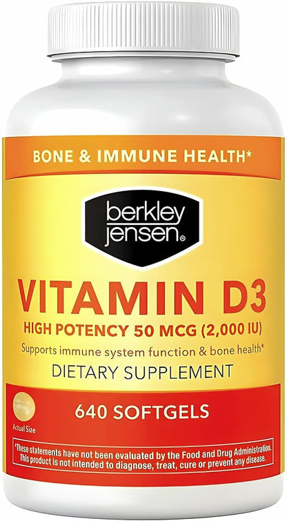 Berkley Jensen High Potency Vitamin D3 2000IU (50 mcg) (640 Softgels), Dietary Supplement for Teeth, Muscle, Immune Function, and Bone Health, for Men and Women, Made in USA, 640 Day Supply