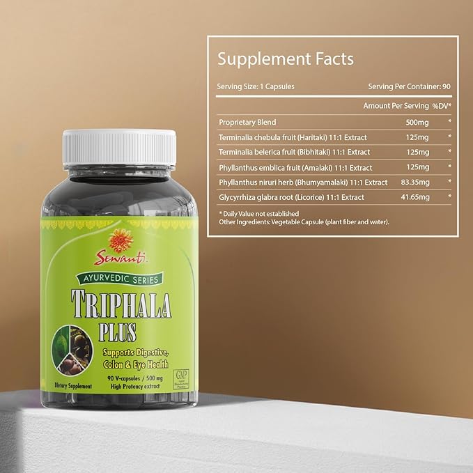 Sewanti Ayurvedic Triphala Capsules - Herbal Formula for Digestive Health - Amla, Bibhitaki, Haritaki - 90 V-Capsules/ 500mg