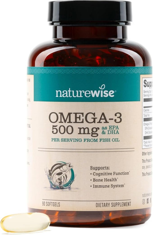NatureWise Omega 3 Fish Oil - 500 mg per Pill - EPA & DHA - Support for Immune Health & Cognitive Function - Wild-Caught, Gluten and Soy Free, Non-GMO - 90 Softgels[3-Month Supply]