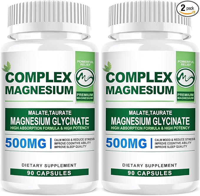 2 Pack Magnesium Complex Capsules 500MG, Blend with Magnesium Glycinate, Taurate, Malate - 180 Capsules