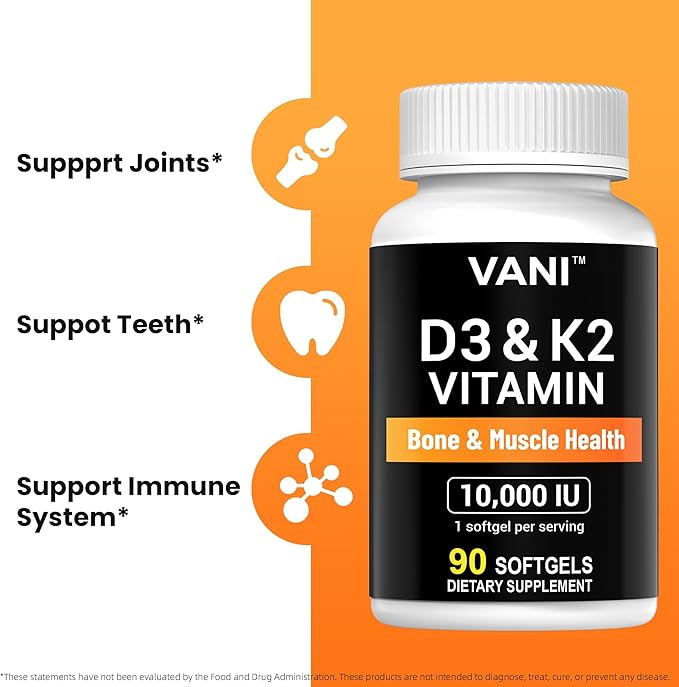 VANI Vitamins D3 (10000iu/250mcg) + K2 (as Mk7), for Bone & Muscle & Teeth Health, 90 SOFTGELS