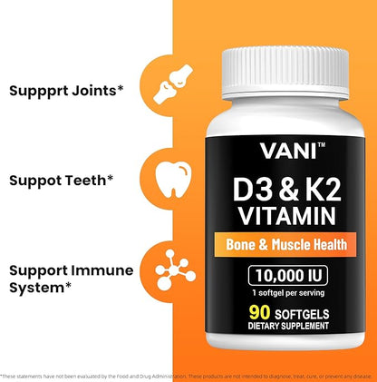 VANI Vitamins D3 (10000iu/250mcg) + K2 (as Mk7), for Bone & Muscle & Teeth Health, 90 SOFTGELS