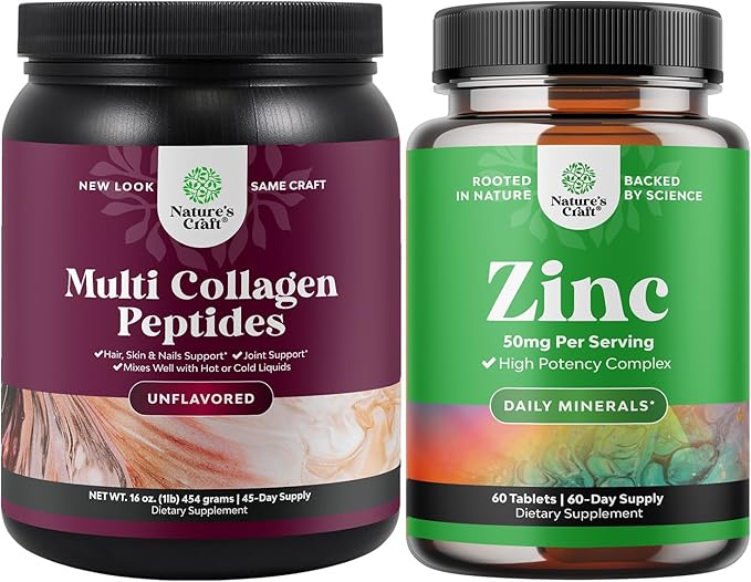 Bundle of Multi Collagen Protein Powder for Women and Men - Hair Skin and Nails Vitamins and Zinc 50mg Immune Support Supplement for Immune System to Enhance Hair Skin and Nails Vitamins