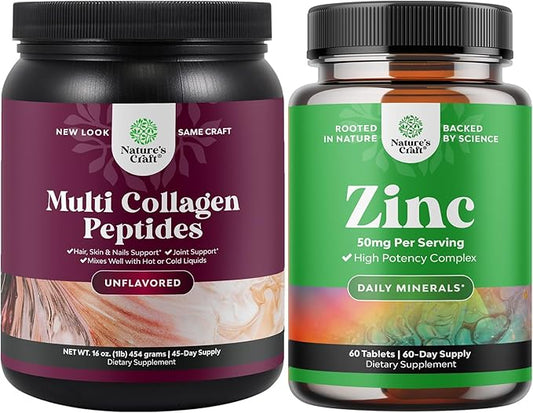 Bundle of Multi Collagen Protein Powder for Women and Men - Hair Skin and Nails Vitamins and Zinc 50mg Immune Support Supplement for Immune System to Enhance Hair Skin and Nails Vitamins