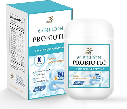 Probiotics 60 Billion CFU - 10 Strains + Organic Prebiotics - Immune, Digestive & Gut Health - Supports Occasional Constipation, Diarrhea, Gas & Bloating - for Women & Men - 60 ct