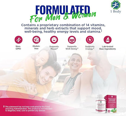 1 Body Ashwagandha Complex Supplement, Focus and Energy Support, 120 Vegan Capsules