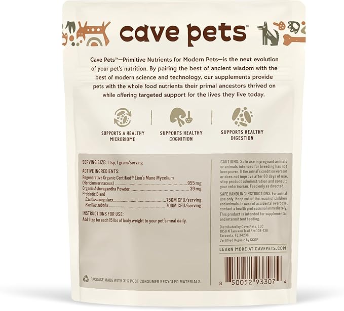 Super Blend Powder, Mushroom Mycelium and Dog Probiotic Supplement for Brain and Digestive Health Support, Lion’s Mane & Probiotics, 90 Servings