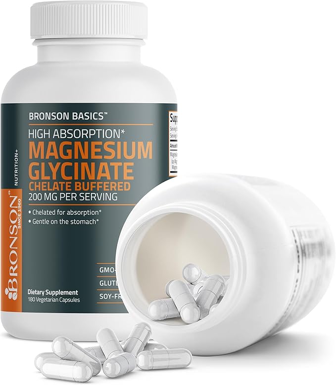 Bronson Magnesium Glycinate 200mg High Absorption Chelated Buffered Gentle On The Stomach Non-GMO, 180 Vegetarian Capsules