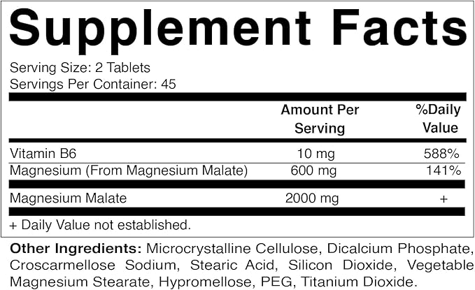 Vitamatic Magnesium Malate 2000mg per Serving - 90 Vegetarian Tablets - Added B6 for Maximum Absorption - Supports Muscle, Joint, and Heart Health* (2 Bottles, Unflavored)