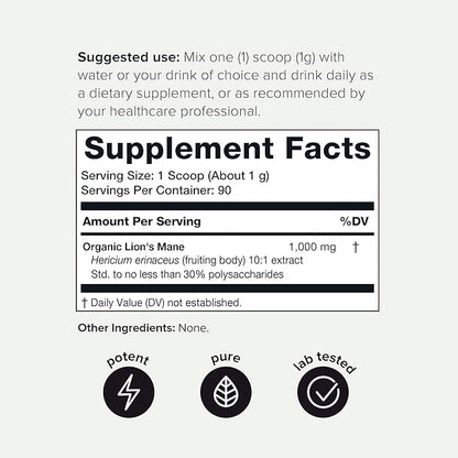 Lion’s Mane Powder - Ultra High Potency 10:1 Extract with 30% Polysaccharides - Highly Concentrated - Third-Party Lab Tested - 90g