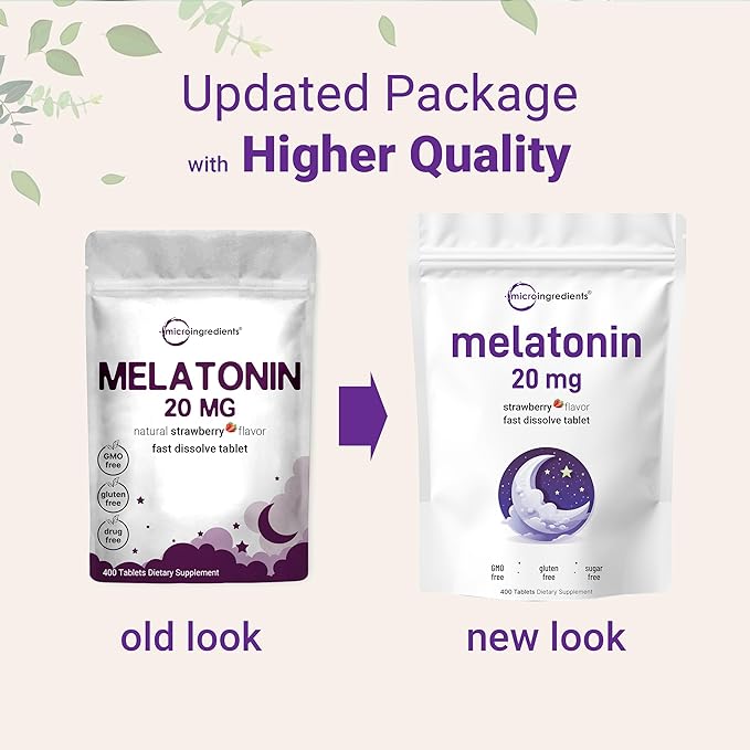 Micro Ingredients Melatonin 20mg Tablets, 400 Counts, Natural Strawberry Flavor, Fast Dissolve | No Drug, Vegetarian Friendly, Non-GMO & No Gluten
