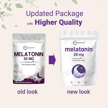 Micro Ingredients Melatonin 20mg Tablets, 400 Counts, Natural Strawberry Flavor, Fast Dissolve | No Drug, Vegetarian Friendly, Non-GMO & No Gluten
