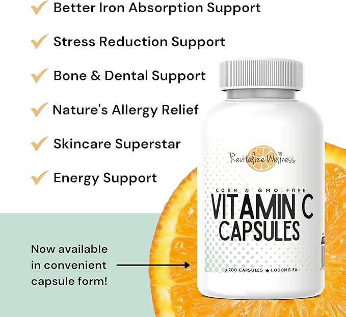 Vitamin C Capsules | Pure, Corn, & GMO-Free | 1000 mg Vitamin C Per Capsule | 200 Capsules