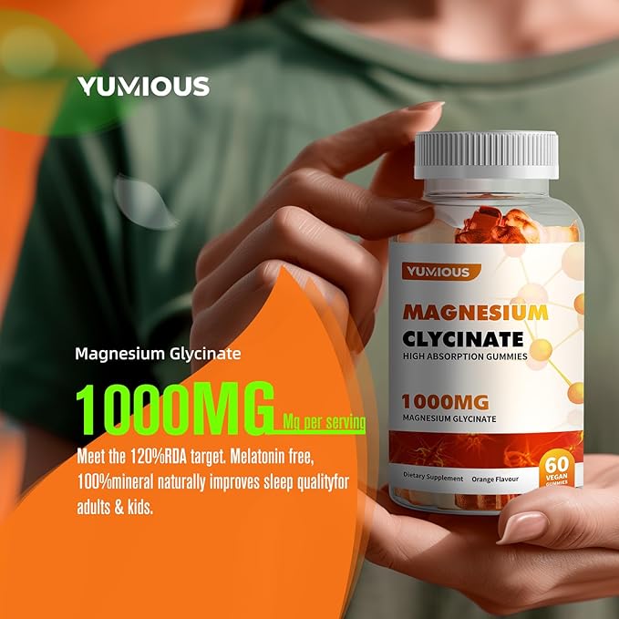 Magnesium Glycinate Gummies 1000mg - Sugar Free Magnesium Potassium Supplement with Vitamin D, B6, CoQ10 for Calm Mood & Sleep Support - 120 Orange Gummies -2 Pack