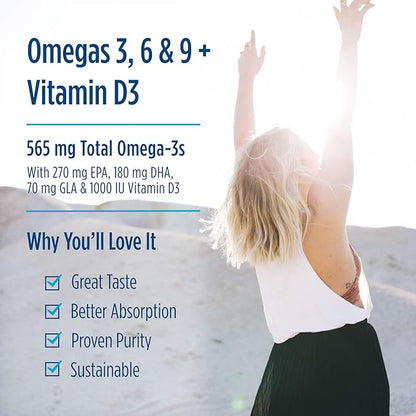 Nordic Naturals Complete Omega-D3, Lemon Flavor - 60 Soft Gels - 565 mg Omega-3 + 70 mg GLA + 1000 IU Vitamin D3 - EPA & DHA - Healthy Skin, Cognition, & Positive Mood - Non-GMO - 30 Servings