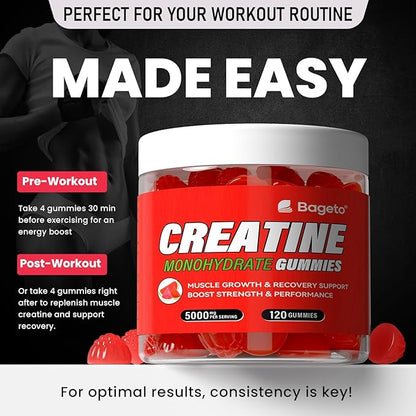 Creatine Monohydrate Gummies 5g for Men Women,Sugar Free Chewables Creatine Pre-Workout for Muscle Strength, Watermelon Flavor, 120 Count