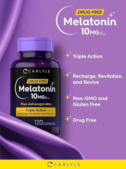 Carlyle Melatonin 10mg | 120 Capsules | with Ashwagandha | Triple Strength Formula | Non-GMO, Gluten Free Supplement