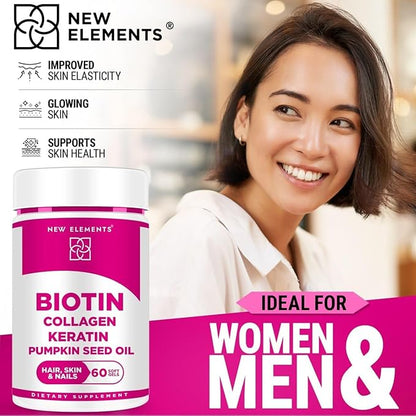 Biotin Supplement 10000mcg with Collagen Peptides Keratin and Pumpkin Seed Oil for Hair Skin and Nails | Hair Growth Supplement for Women & Men | Biotin and Collagen Supplements for Hair Loss
