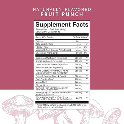 Roots Focus Nootropic Brain Supplement, Fruit Punch, Blend of Lion's Mane, Cordyceps, and Reishi Functional Mushrooms with Extended-Release Caffeine, 15 Servings
