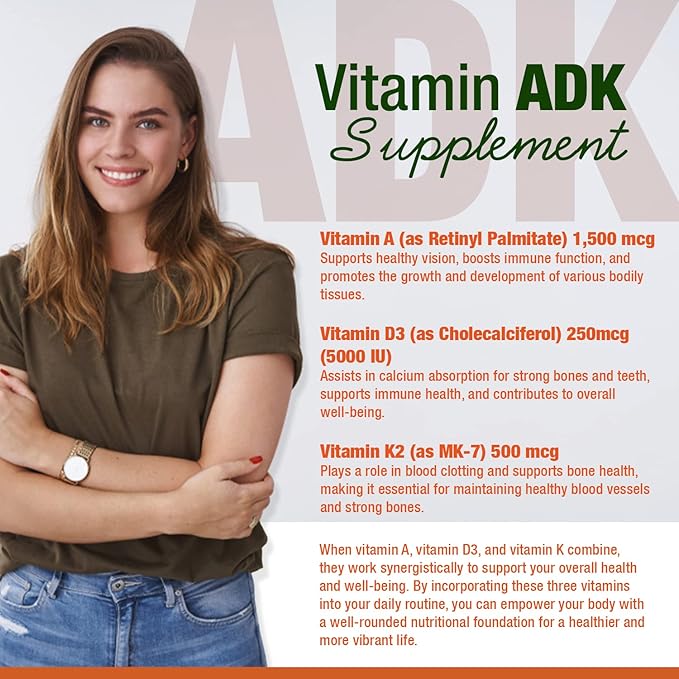 INVITA ADK - Vitamins A1, Vitamin D3 5000 IU & K2 MK7 Supplement - Physician Formulated Bone & Immune System Support - Gluten Free, Non-GMO - 180 Vegetarian Capsules for Men & Women